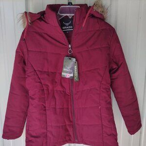 XL Women's Hooded Fur Lightweight Parka Jacket By Brazo Maroon Puffer Coat